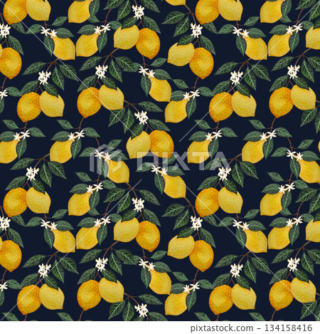 This seamless watercolor pattern showcases vibrant lemon branches with lush green leaves and ripe fruits against a dark background. This seamless watercolor pattern showcases vibrant lemon branches with lush green leaves and ripe fruits against a dark background. 134158416