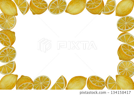 Watercolor rectangular lemon frame of whole and sliced fruits on a white background Watercolor rectangular lemon frame of whole and sliced fruits on a white background 134158417