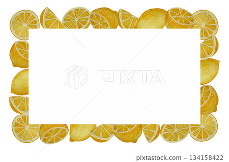 Watercolor rectangular lemon frame of whole and sliced fruits on a white background Watercolor rectangular lemon frame of whole and sliced fruits on a white background 134158422
