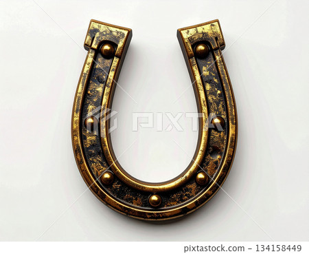 Symbolic of fortune. Metal horse shoe on white background. Horse is symbol of 2026. Symbol of lucky. 134158449