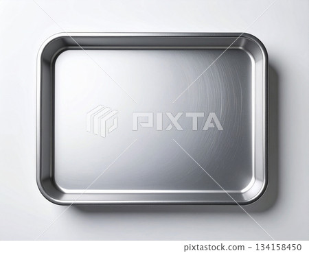 Kitchen equipment. Metal tray isolated on white background. Serving plate. Top view. 134158450