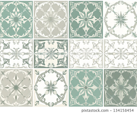 Sleek design. Ceramic tiles with geometric patterns. Material for interior in natural color. Texture of building materials. Design mockup and background. 134158454