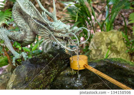 Bronze dragon chozuya at Mitaki-Dera temple in Hiroshima, Japan 134158506
