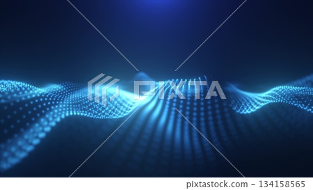 Abstract glowing blue magic energy wave from particles and dots bright shiny on a dark blue background. Abstract background 134158565