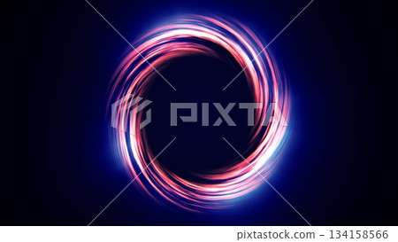 Looped twirl circle of stripes and lines of bright purple beautiful magical energy glowing neon, round frame. Abstract background. Screensaver 134158566