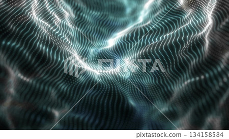 Abstract blue futuristic waves from a grid of particles lines glowing bright shiny neon digital magical energy on a dark background. Abstract background Abstract blue futuristic waves from a grid of particles lines glowing bright shiny neon digital magical energy on a dark background. Abstract background 134158584