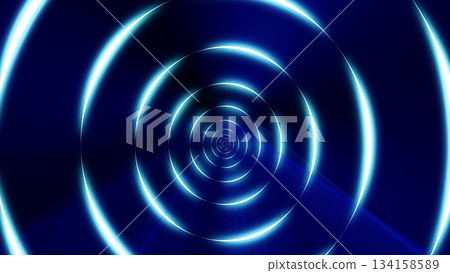 Tunnel of round blue glowing bright neon rings. Abstract background 134158589