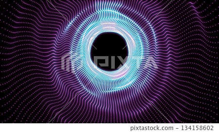 Abstract tunnel background with bright beautiful blue and purple glowing energy magical waves and lines of small digital particles Abstract tunnel background with bright beautiful blue and purple glowing energy magical waves and lines of small digital particles 134158602