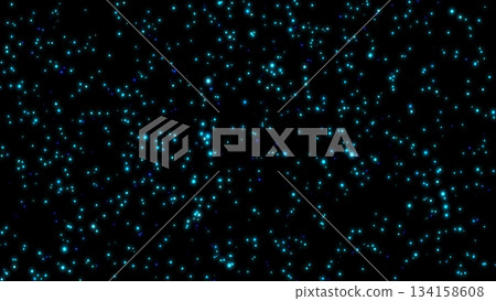 Christmas New Year snowfall from small glowing flying snowflakes particles dots blue white shiny festive isolated on black background. Abstract background 134158608