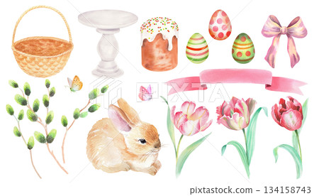 Set of easter watercolor objects. Handmade illustration of rabbit, basket, willow, tulips, easter eggs, butterflies, bow, ribbon, kulich cake and stand cake 134158743