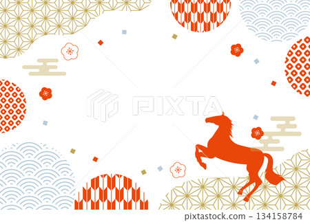 2026年新年賀卡，馬年，日式圖案，附邊框，橫版 134158784