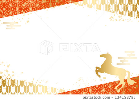 2026年馬年新年賀卡，日式圖案邊框 134158785