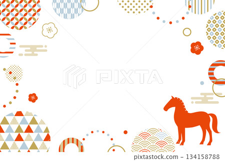 Year of the Horse New Year's card with horse silhouette and Japanese pattern frame Year of the Horse New Year's card with horse silhouette and Japanese pattern frame 134158788
