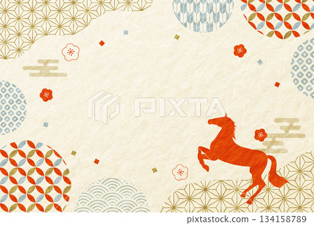 2026 Year of the Horse New Year's card Japanese pattern frame horizontal 2026 Year of the Horse New Year's card Japanese pattern frame horizontal 134158789