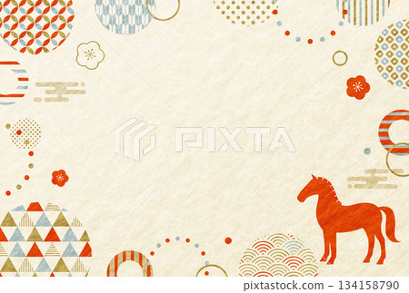 Year of the Horse Horse Silhouette and Japanese Pattern Japanese Paper New Year's Card Year of the Horse Horse Silhouette and Japanese Pattern Japanese Paper New Year's Card 134158790