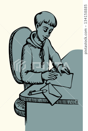 Vector drawing. Boy writing letter Vector drawing. Boy writing letter 134158885