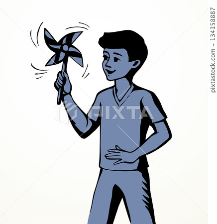 Vector drawing. A boy with a wind toy Vector drawing. A boy with a wind toy 134158887