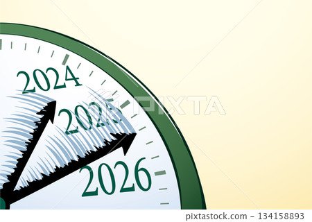 Vector drawing. The hands of a clock flutter in the wind. 134158893