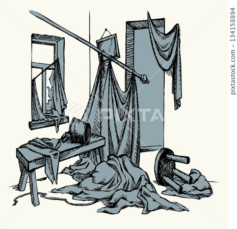 Vector drawing. Cluttered room view. 134158894