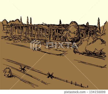 Vector illustration of a building destroyed by an explosion. 134158899