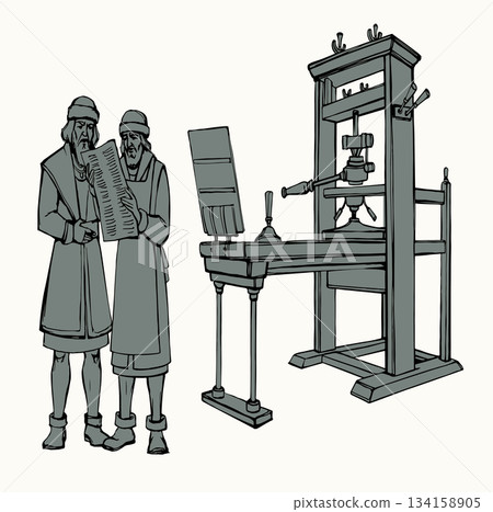 Vector drawing. Vintage printing press 134158905