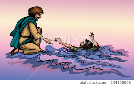 Vector drawing. Jesus helps man in a storm 134158908