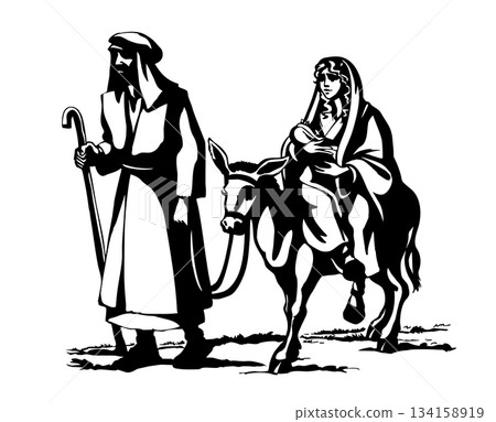 Vector drawing. Mary ride on the donkey Vector drawing. Mary ride on the donkey 134158919