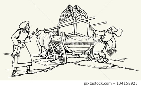 Vector drawing. The ark of the covenant being transported on a wooden cart pulled by two oxens Vector drawing. The ark of the covenant being transported on a wooden cart pulled by two oxens 134158923