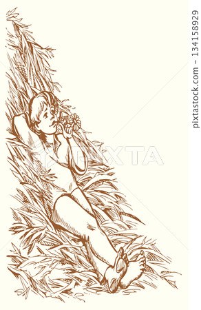 Vector drawing. Boy resting on a hay 134158929