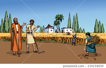 Vector drawing. Ruth and Boaz in the field 134158930