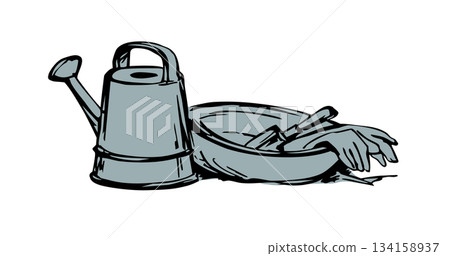 Vector drawing. Garden gloves, shovel and rake 134158937