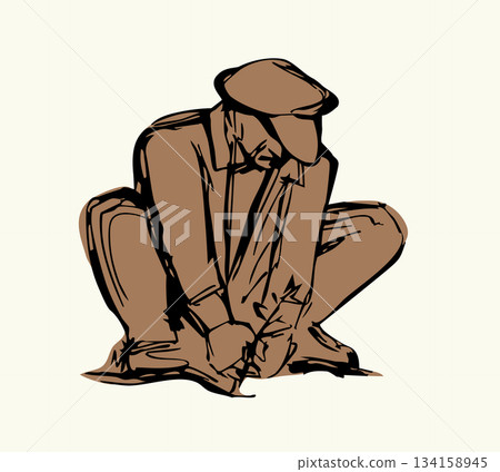 Vector drawing. A gardener weeding a garden Vector drawing. A gardener weeding a garden 134158945