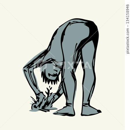 Vector drawing. A gardener weeding a garden Vector drawing. A gardener weeding a garden 134158946