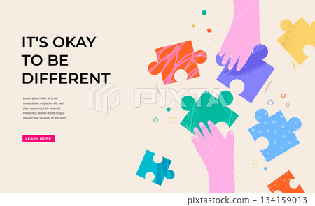 Children hands with colorful puzzle pieces. Autism Awareness Day concept design, banner and poster. 134159013