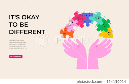 Hands holding rainbow made colorful puzzle pieces. Autism Awareness Day concept poster, banner 134159014