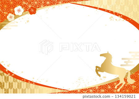 奢華日式圖案，馬年，梅花，弧形邊框，新年，新年賀卡，2026 134159021