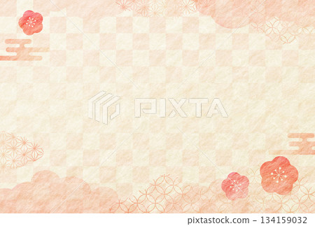 Watercolor plum and Japanese pattern pink New Year's card Japanese paper background 134159032