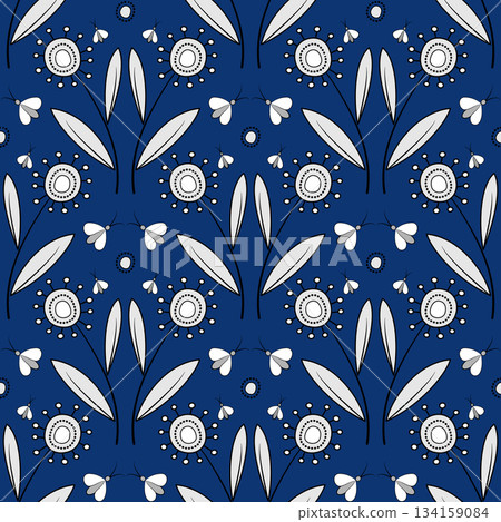 Fantasy floral seamless pattern in zentangle style. Monochrome ornament on dark blue background 134159084
