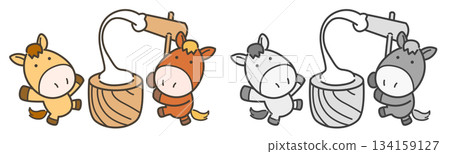 一套向量插圖，描繪了兩匹馬在舂米，適合馬年新年慶祝活動。 134159127