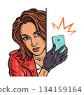 Woman spy with camera in action, pop art vector illustration 134159164
