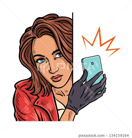 Woman spy with camera in action, pop art vector illustration Woman spy with camera in action, pop art vector illustration 134159164