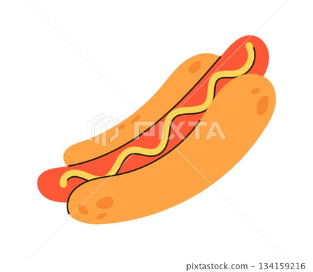 Food delivery. Hotdog order. Bread bun with sausage mustard sauce. Fastfood restaurant shipping. Takeaway junk meal eating. Tasty meat burger. American snack. Lunch sandwich. Vector isolated element 134159216