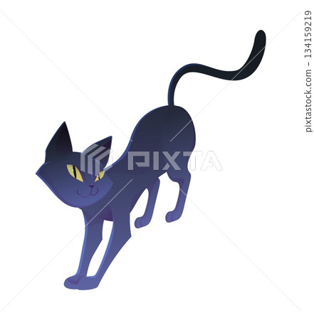 Cartoon pet. Cute black cat. Domestic animal adoption. Standing feline mammal. Witch adorable kitten portrait. Pussycat pose. Vet grooming. Stretching position. Vector isolated Halloween character 134159219