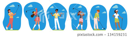 Golf sport. Golfer characters playing on green field. Outdoor summer leisure game with ball, club activity, flag in holes. Sports people. Professional championship. Vector cartoon flat illustration Golf sport. Golfer characters playing on green field. Outdoor summer leisure game with ball, club activity, flag in holes. Sports people. Professional championship. Vector cartoon flat illustration 134159231