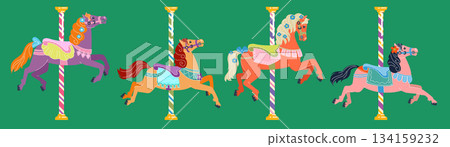 Retro carousel horse. Playful circus elements. Colorful fair design. Merry-go-round pony with pillar. Carnival event. Hand drawn for kids. Roundabout attraction. Doodle vintage stickers vector art set Retro carousel horse. Playful circus elements. Colorful fair design. Merry-go-round pony with pillar. Carnival event. Hand drawn for kids. Roundabout attraction. Doodle vintage stickers vector art set 134159232