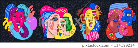 Abstract face. Cubism art. Colorful pattern of poster. Canvas artwork. Composition painting. Man and woman sketch. Couple heads. Color print. Modern eyes elements set. Vector face tidy fragmentation 134159234