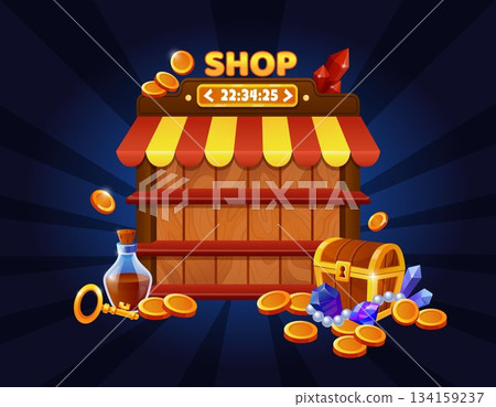 Game shop interface. Store with treasure chest. Gem pile and magic potion bottle. Gemstones on wooden rack shelves. Diamond detail. Jewelry stone in crystal box. UI display menu. Vector tidy cartoon 134159237