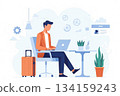 一位商務人士在機場休息室準備出差。 134159243