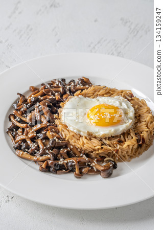 Savory fried rice topped with umami Shimeji mushrooms and golden sunny egg Savory fried rice topped with umami Shimeji mushrooms and golden sunny egg 134159247