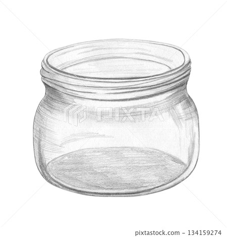 Simple graphite pencil drawing of an empty, transparent, open glass jar without lid on white background. Minimalist container hand drawn. Illustration for kitchen, craft, apothecary, vintage products 134159274